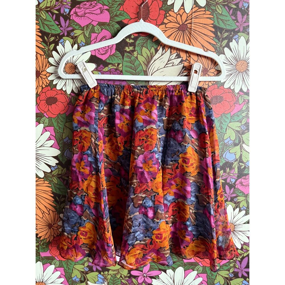 Vintage 70s 80s Indian Silk Floral Mini Skirt Made in India Boho OS Kush - Picture 2 of 6
